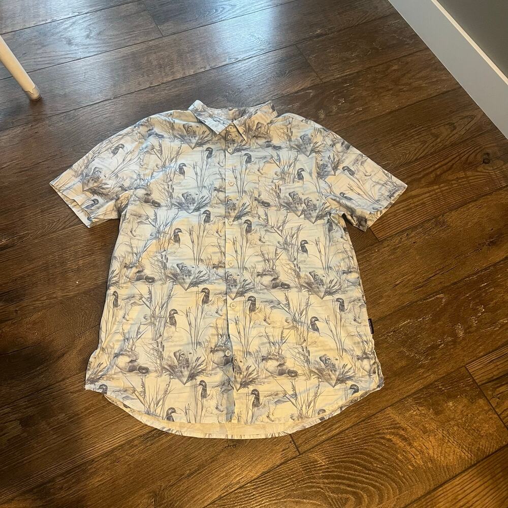 Psycho Tuna Short Sleeved Button Up Shift Hunting Bird Dogs White Blue Men XL